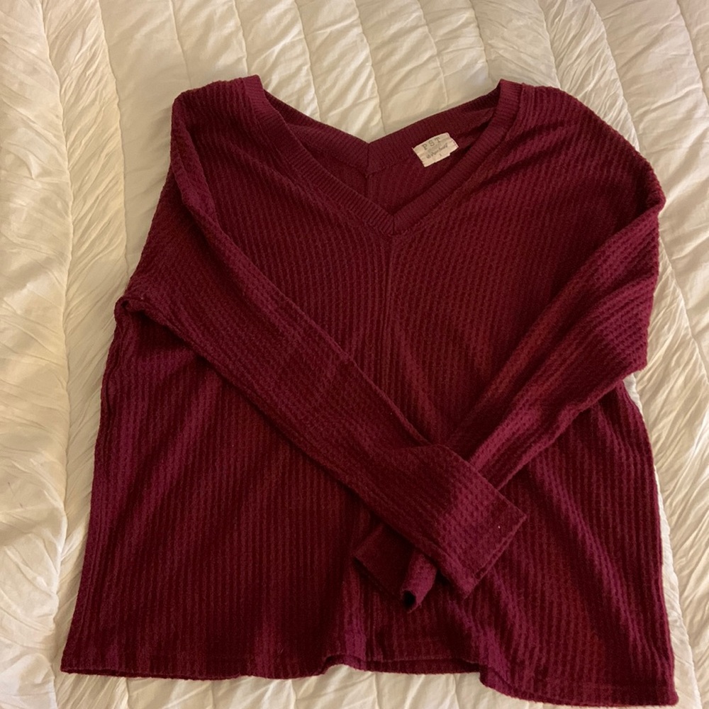 Red waffle knit long sleeve v neck
